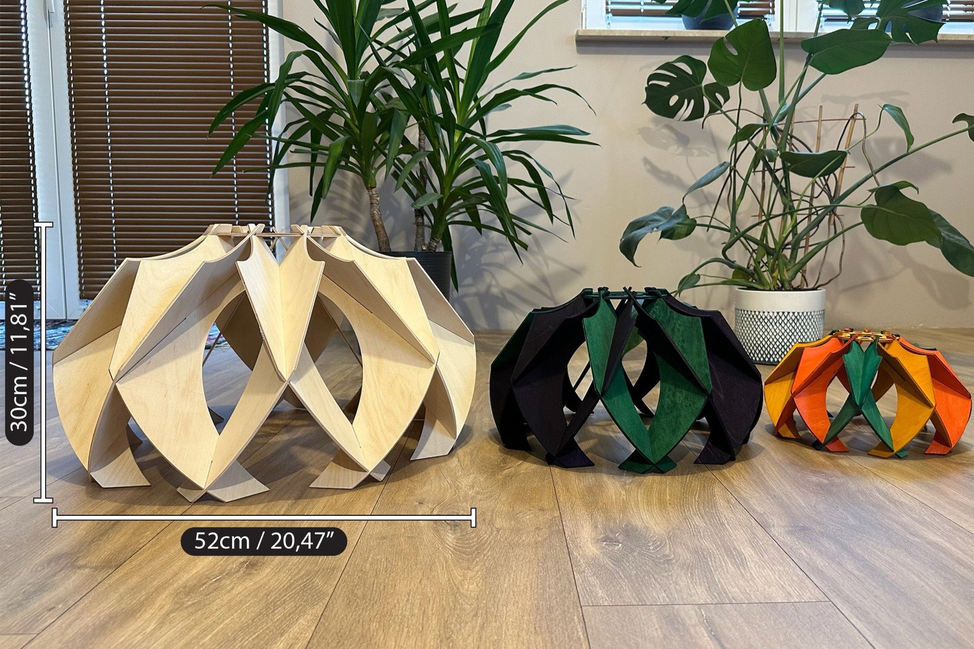 Comparison image showing three sizes of the flower-like wooden pendant lamps on the floor, with the large one measuring 52cm (20.47&quot;) in diameter and 30cm (11.81&quot;) in height.